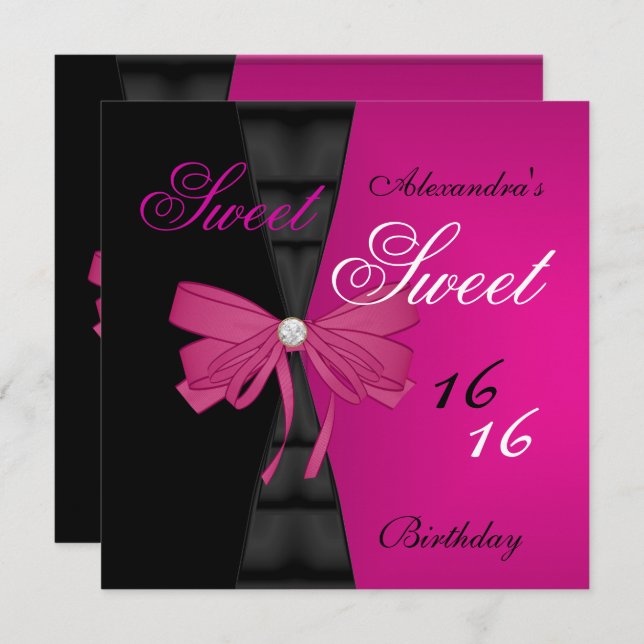 Invitation Sweet sixteen 16ème Bright Pink Black Bow (Devant / Derrière)