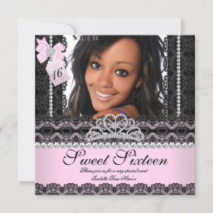 Invitation Sweet sixteen 16ème Pink Silver Photo Black Lace