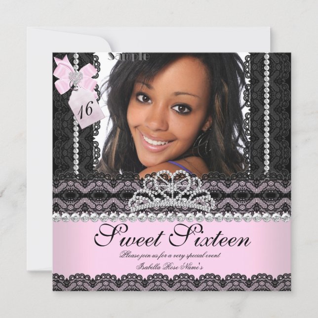 Invitation Sweet sixteen 16ème Pink Silver Photo Black Lace (Devant)
