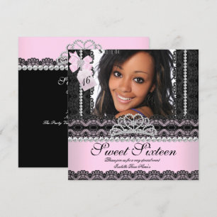 Invitation Sweet sixteen 16ème Pink Silver Photo Black Lace