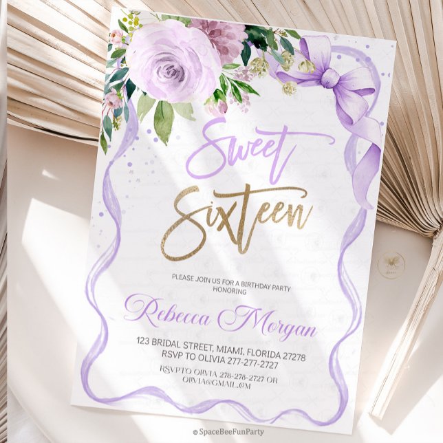 Invitation Sweet Sixteen 16th (Sweet Sixteen, Sweet 16 Invitation, 16th Birthday, Pink Bow Invitation, Floral Watercolor, Birthday )