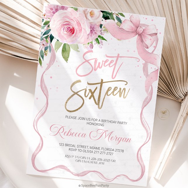 Invitation Sweet Sixteen 16th (Sweet Sixteen, Sweet 16 Invitation, 16th Birthday, Pink Bow Invitation, Floral Watercolor, Birthday )
