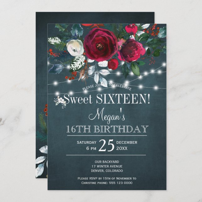 Invitation Sweet sixteen à fleurs d'hiver (Devant / Derrière)