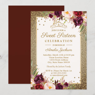 Invitation Sweet sixteen à fleurs d'or de Bourgogne