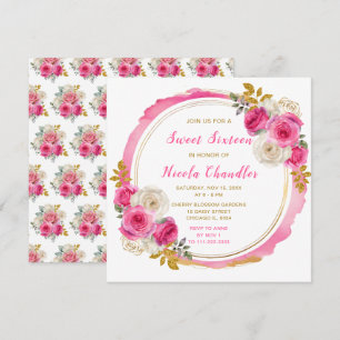 Invitation Sweet sixteen à fleurs élégantes roses et or chaud