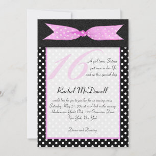 Invitation Sweet Sixteen à pois noir et blanc