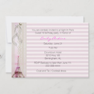 Invitation Sweet sixteen à thème Paris en rayures roses