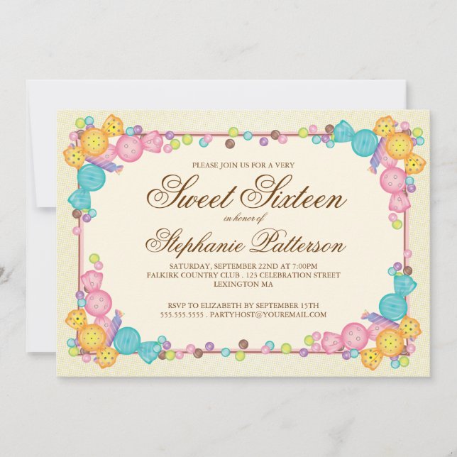 Invitation Sweet sixteen à thème très sucré (Devant)