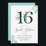 Invitation Sweet sixteen | Anniversaire botanique<br><div class="desc">Une invitation 16e anniversaire amusante et fraîche avec des eucalyptus d'aquarelle frais et de l'eau de source entourant vos informations uniques de fête d'anniversaire. Il présente des numéros d'aquarelle couverts de végétation botanique sauvage. Sur le côté opposé de la carte est une couleur verte énergique pour compléter l'avant.</div>
