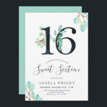 Invitation Sweet sixteen | Anniversaire botanique<br><div class="desc">Une invitation 16e anniversaire amusante et fraîche avec des eucalyptus d'aquarelle frais et de l'eau de source entourant vos informations uniques de fête d'anniversaire. Il présente des numéros d'aquarelle couverts de végétation botanique sauvage. Sur le côté opposé de la carte est une couleur verte énergique pour compléter l'avant.</div>