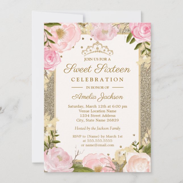 Invitation Sweet sixteen Anniversaire Étincelle Rose Or Flora (Devant)