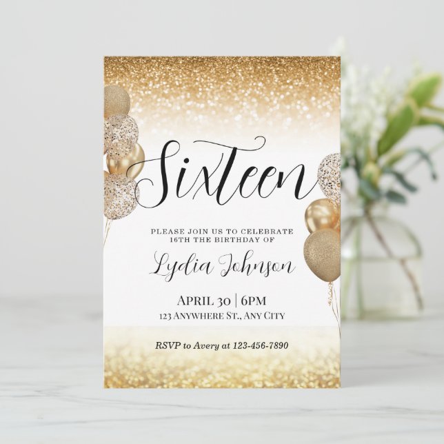 Invitation Sweet sixteen Anniversaire, Sweet 16, Gold Invitat (Debout devant)