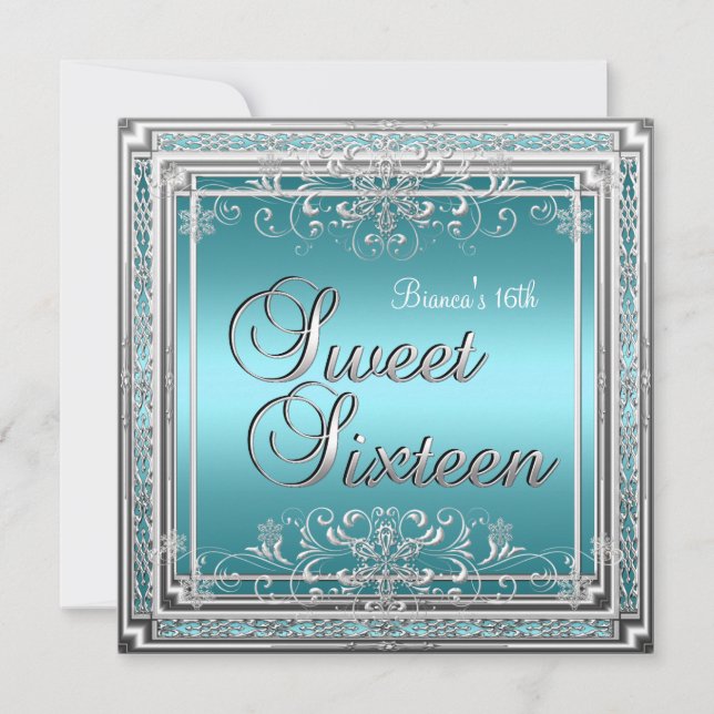 Invitation Sweet sixteen Anniversaire Turquoise Bleu Argent A (Devant)