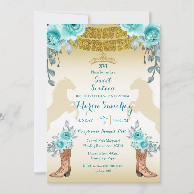 Invitation Sweet sixteen Aqual Turquoise Turquoise Cheval & B (Devant)