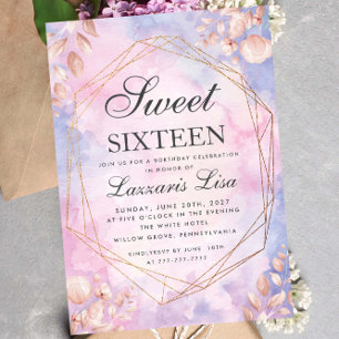 Invitation Sweet sixteen Aquarelle Floral Violet Anniversaire