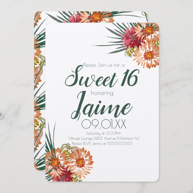 Invitation Sweet sixteen Aquarelle tropicale Floral Kraft (Devant / Derrière)