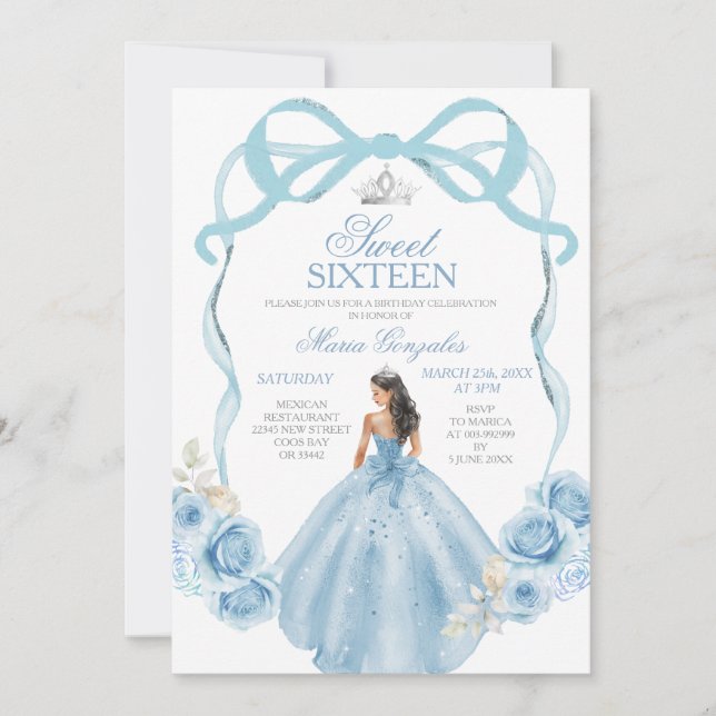 Invitation Sweet sixteen Argent et Bébé Bleu Anniversaire (Devant)