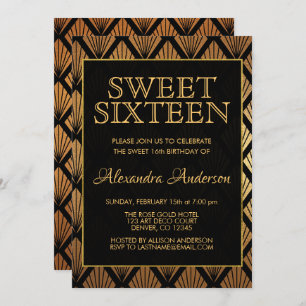 Invitation Sweet sixteen Art déco Black and Gold Foil