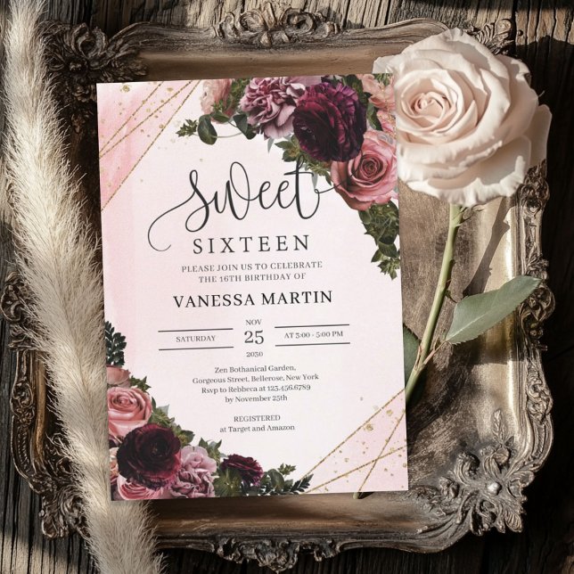 Invitation Sweet sixteen aux coins fleuris roux et bordeaux (Blush and burgundy floral corners Sweet sixteen Invitation)