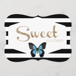 Invitation Sweet sixteen aux papillons bleus et en or