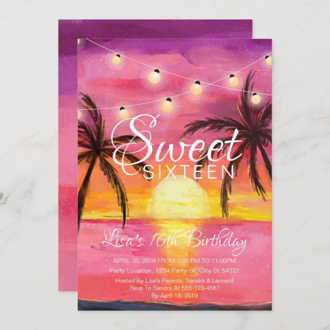 Invitation Sweet sixteen, Beach Sunset Anniversaire Invitatio (Devant / Derrière)
