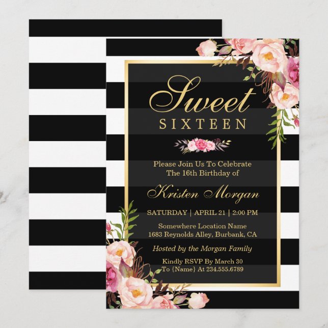 Invitation Sweet sixteen Belle Flore Noir Blancs (Devant / Derrière)