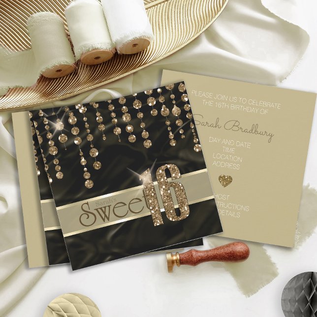 Invitation Sweet sixteen bijou satiné Noir Gold ID260 (Créateur téléchargé)