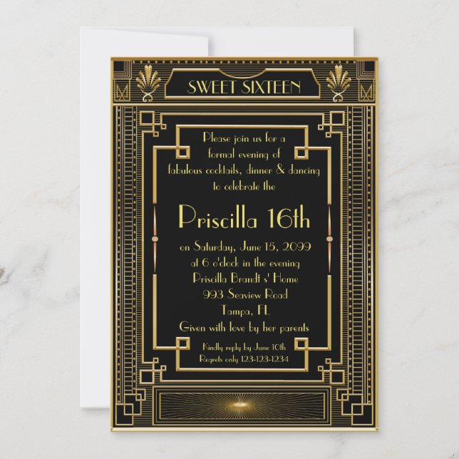 Invitation Sweet sixteen Birthday,16th,Gatsby style,black,Gol (Devant)