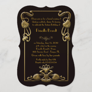 Invitation Sweet sixteen Birthday, style Gatsby, Black & Gold