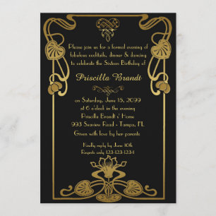 Invitation Sweet sixteen Birthday, style Gatsby, noir & or