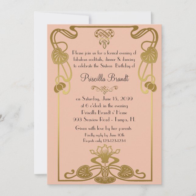 Invitation Sweet sixteen Birthday, style Gatsby, Peach & Gold (Devant)