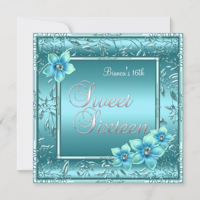 Invitation Sweet Sixteen Birthday Teal Blue Flower 2 (Devant)