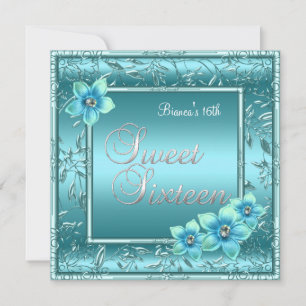 Invitation Sweet Sixteen Birthday Teal Blue Flower 2