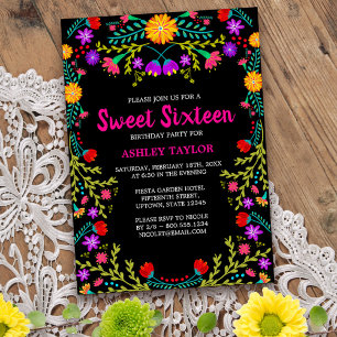 Invitation Sweet sixteen Black Mexicaine Fiesta Folk Art Flor