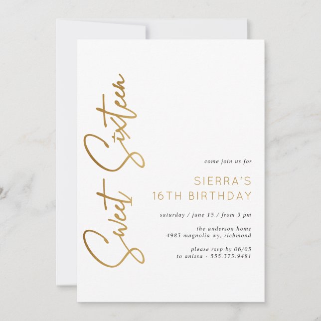 Invitation Sweet sixteen blanc et Gold Script 16e anniversair (Devant)