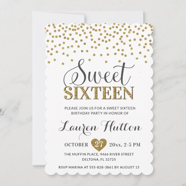 Invitation Sweet sixteen blanc et or chic fête Anniversaire (Devant)