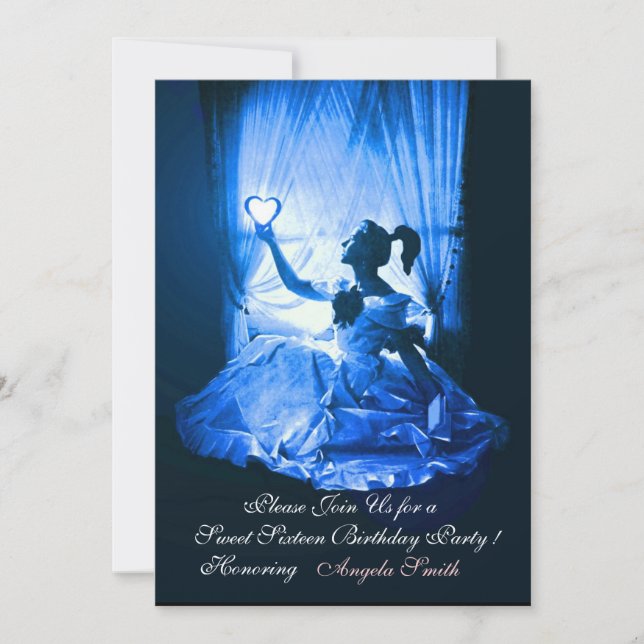 Invitation SWEET SIXTEEN, BLEU BLACK DAMASK Champagne (Devant)