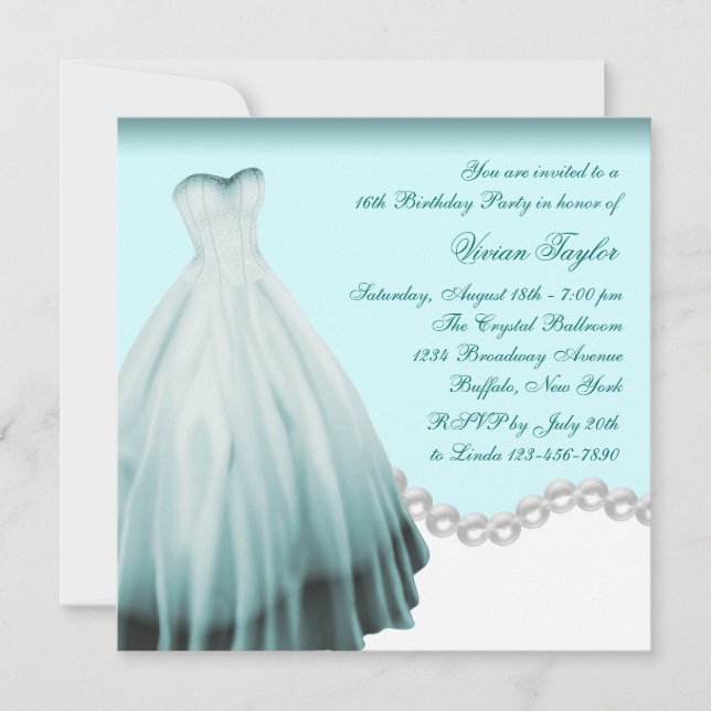 Invitation Sweet sixteen bleu blanc et Turquoise (Devant)