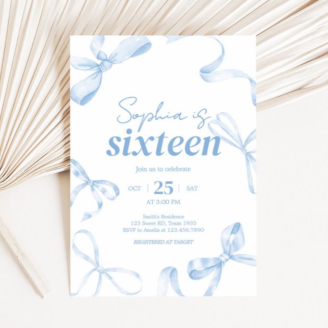 Invitation Sweet sixteen Bleu Bow (Coquette Blue Bow Sweet Sixteen Birthday Party Invitation)