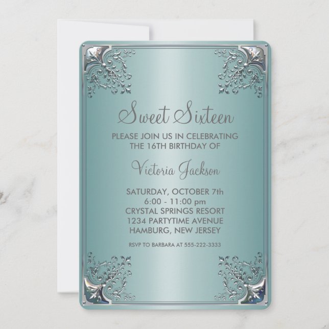 Invitation Sweet sixteen bleu turquoise fête d'anniversaire (Devant)