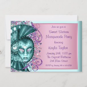 Invitation Sweet sixteen bleu Turquoise rose mascarade