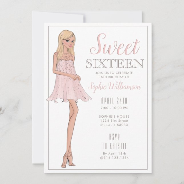 Invitation sweet sixteen Blonde fille Anniversaire  (Devant)