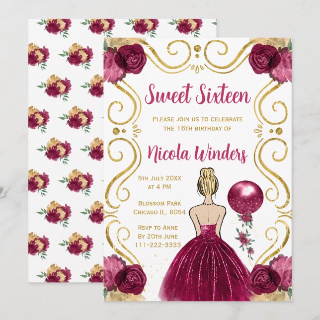 Invitation Sweet sixteen Blonde Princesse en Bourgogne (Devant / Derrière)