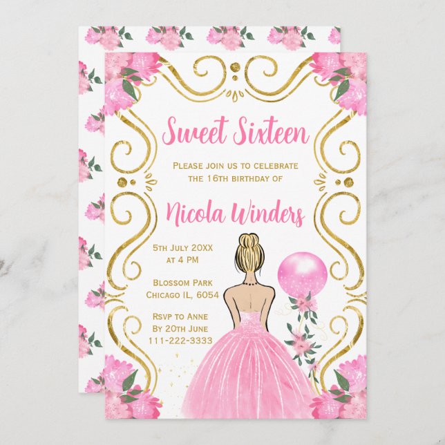 Invitation Sweet sixteen Blonde Princesse en rose (Devant / Derrière)