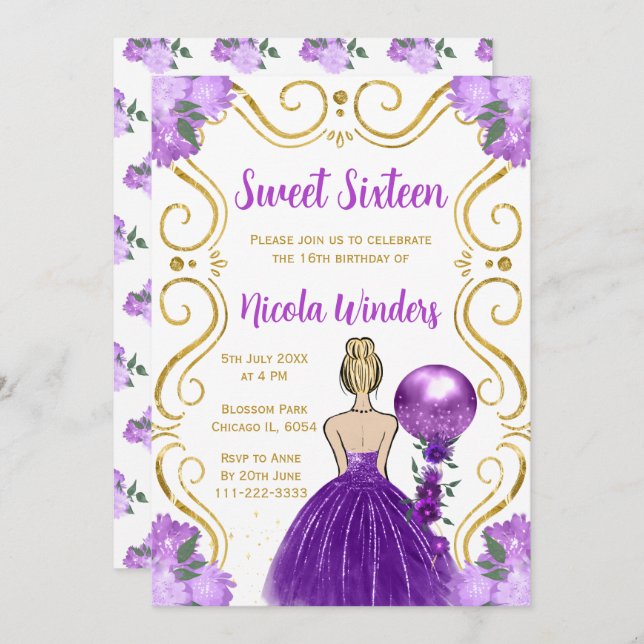 Invitation Sweet sixteen Blonde Princesse en violet (Devant / Derrière)