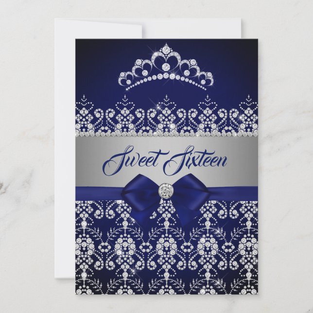 Invitation Sweet sixteen Blue Navy Étincelle Diamond Tiara Bo (Devant)