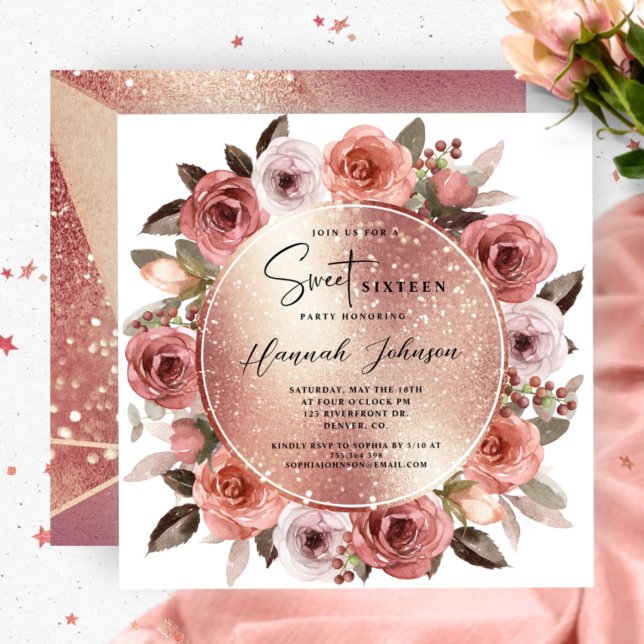 Invitation Sweet sixteen Blush Floral Rose Parties scintillan (Créateur téléchargé)