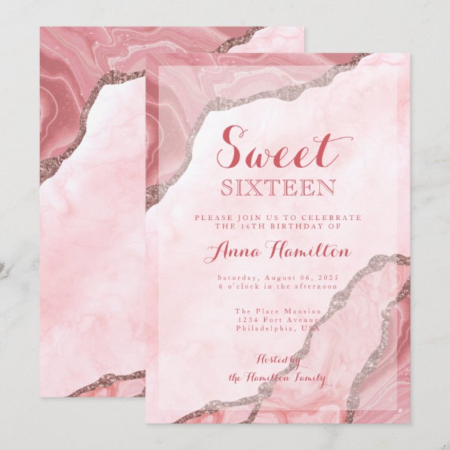 Invitation Sweet sixteen Blush Pink Gold Agate Géode Annivers (Devant / Derrière)