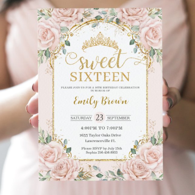 Invitation Sweet sixteen Blush Rose Floral Gold 16e anniversa (Créateur téléchargé)