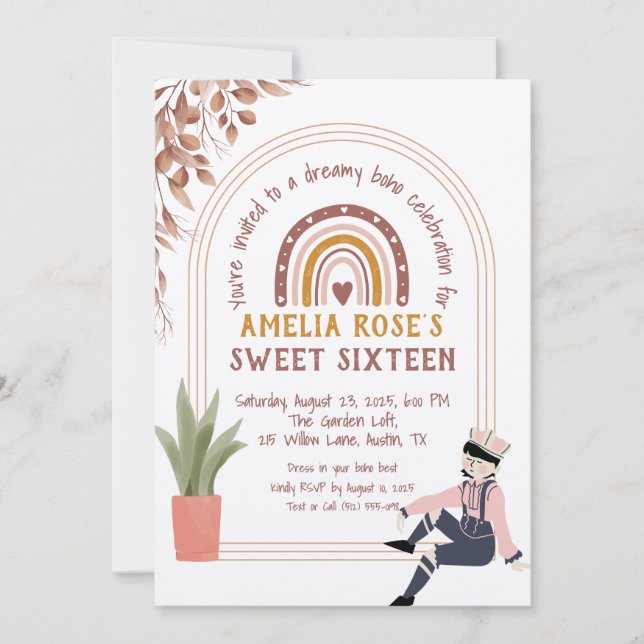 Invitation Sweet sixteen Boho avec arc-en-ciel et fleurs rust (Devant)